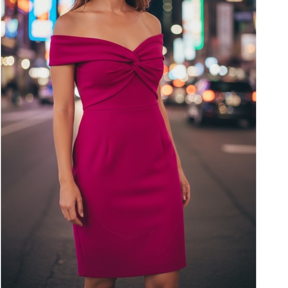Trina Turk Magenta Pink Off-the-Shoulder Twist Sheath Dress 10 Elegant NWT